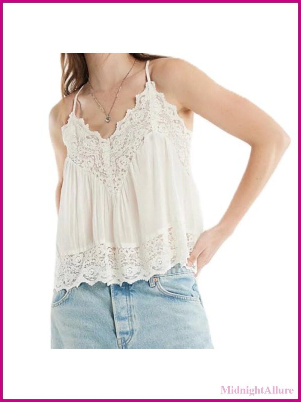 Women's Lace Trim Cami Flowy Spaghetti Strap Sleeveless Tank Top Boho V-Neck
